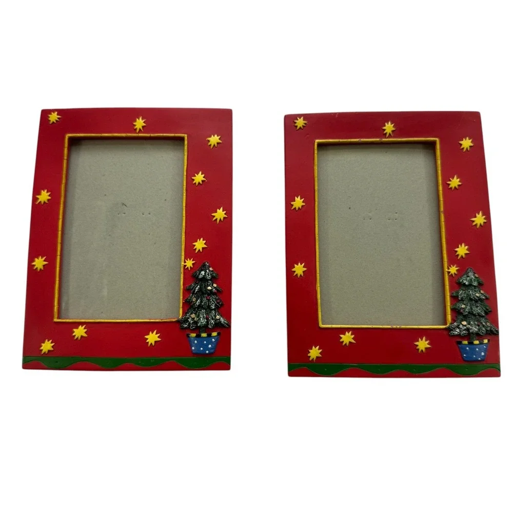 Christmas Tree Star Red Picture Frame Set of 2 4x6 Festive Holiday Decor Vintage